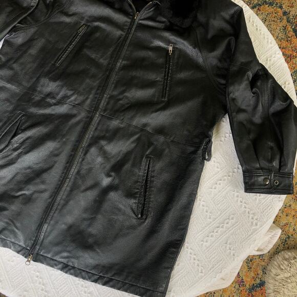 Vintage Womens Wilson Black Leather Coat Removable Faux Fur Collar XL Mid Length - Picture 5 of 13